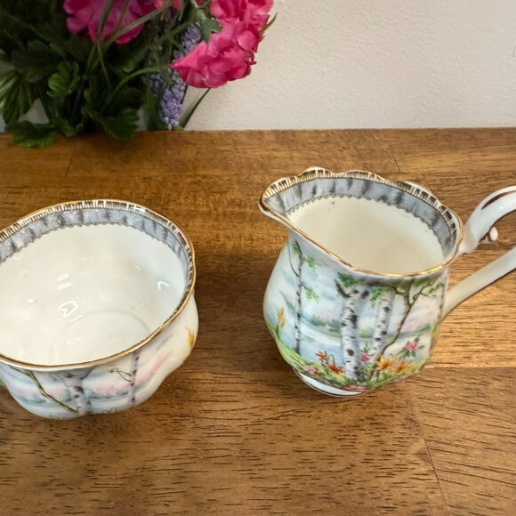 Royal Albert Silver Birch Creamer and Sugar Set – Bone China England Birch Tree - Picture 3 of 9